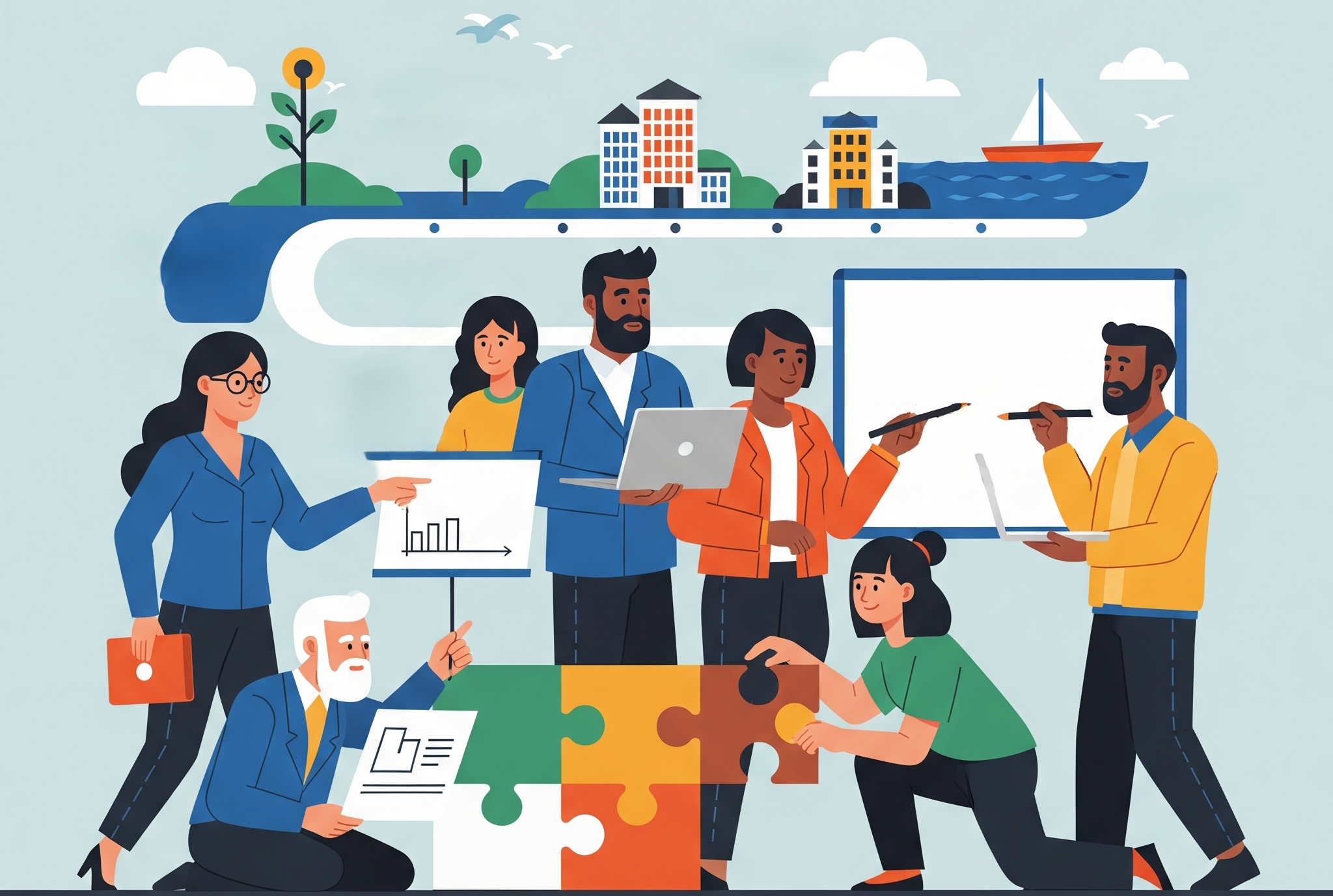 Team tackling a challenge collaboratively, representing our service-oriented approach